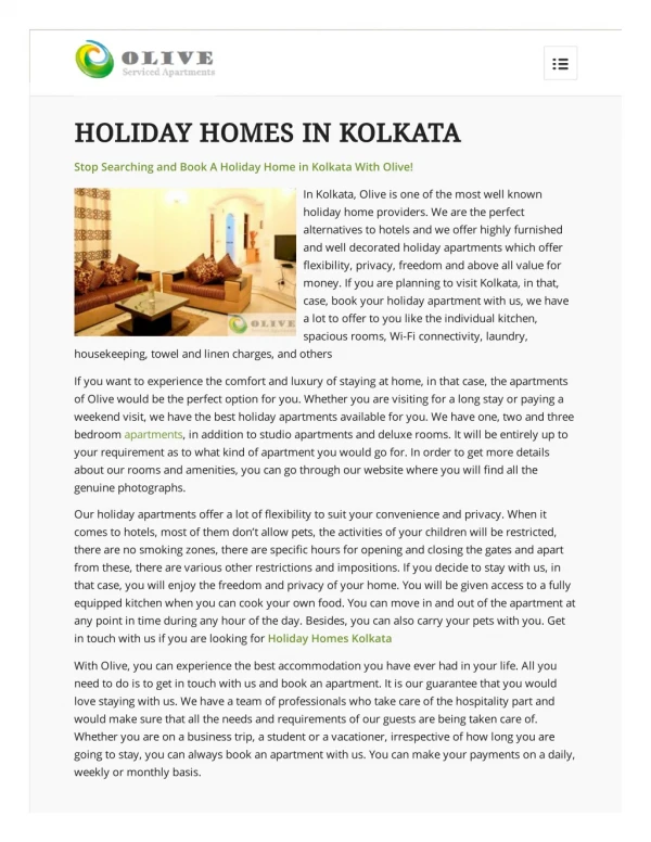 Holiday Homes Kolkata | Olive Holiday Homes in Kolkata