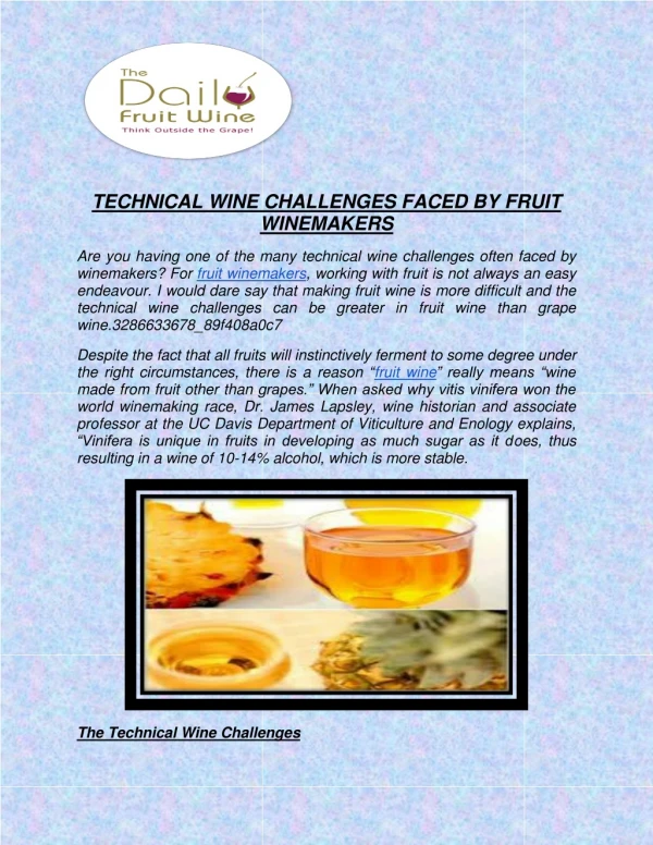 TECHNICAL WINE CHALLENGES FACED BY FRUIT WINEMAKERS