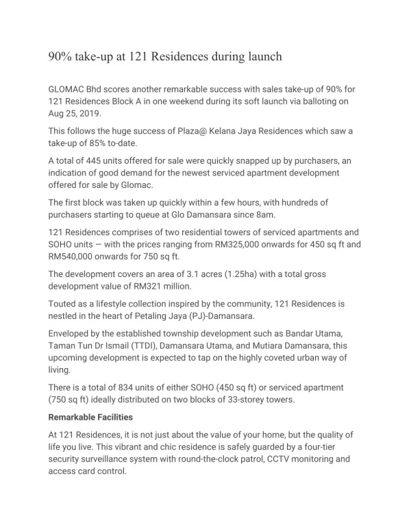 90 take up at 121 residences during launch glomac