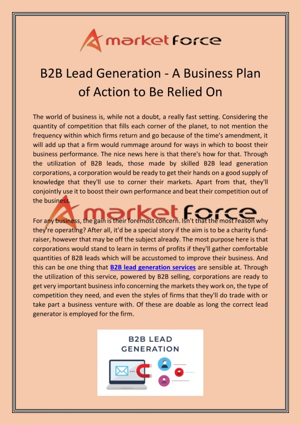 B2B Lead Generation - A Business Plan of Action to Be Relied On