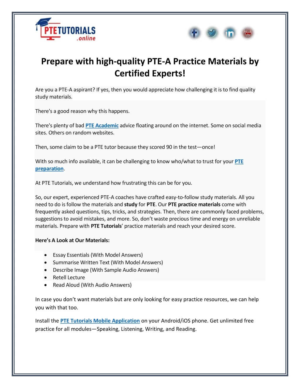 prepare with high quality pte a practice