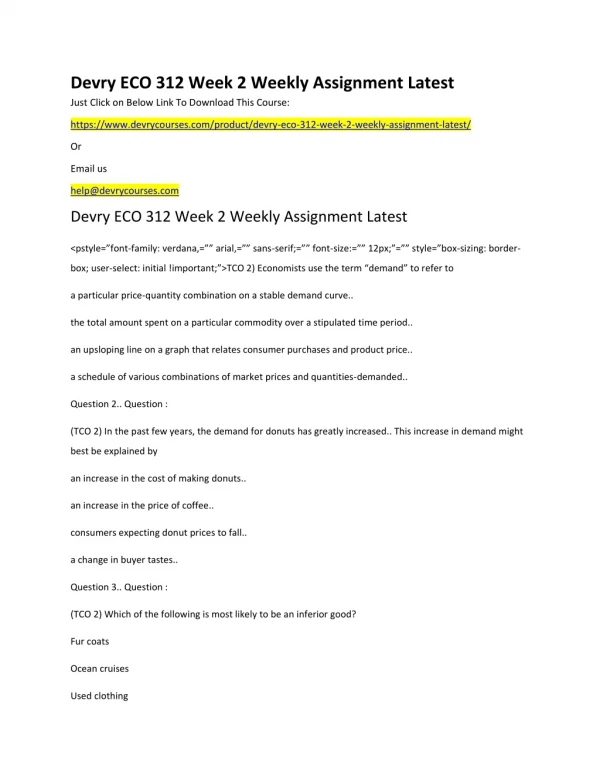 devry eco 312 week 2 weekly assignment latest