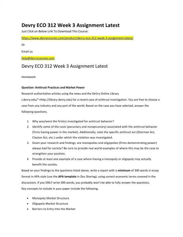Devry ECO 312 Week 3 Assignment Latest