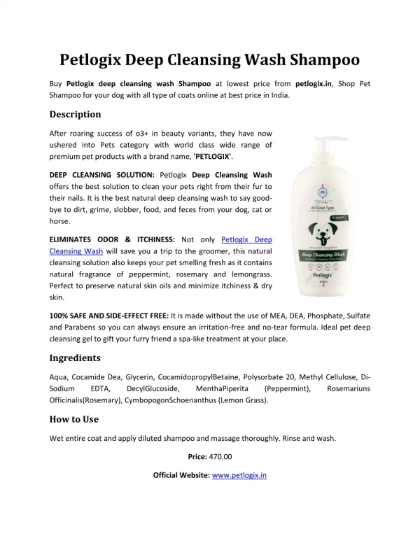 petlogix deep cleansing wash shampoo