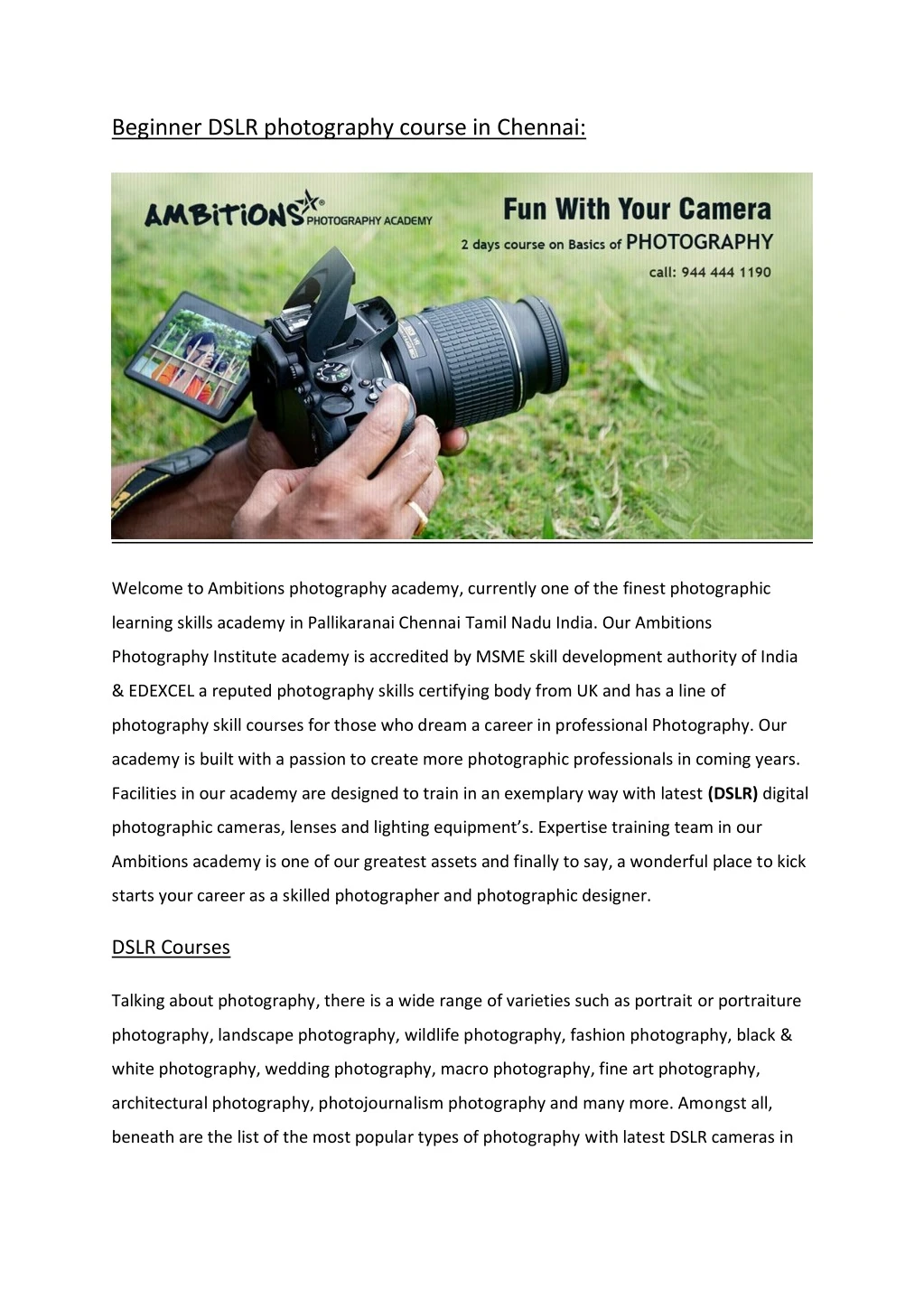 beginner dslr photography course in chennai
