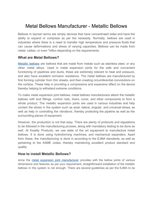 Metal Bellows Manufacturers in India | Metallic Bellows
