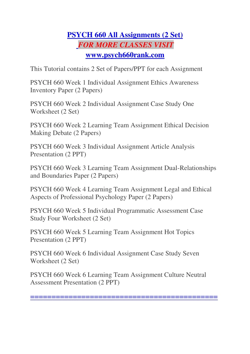 psych 660 all assignments 2 set for more classes