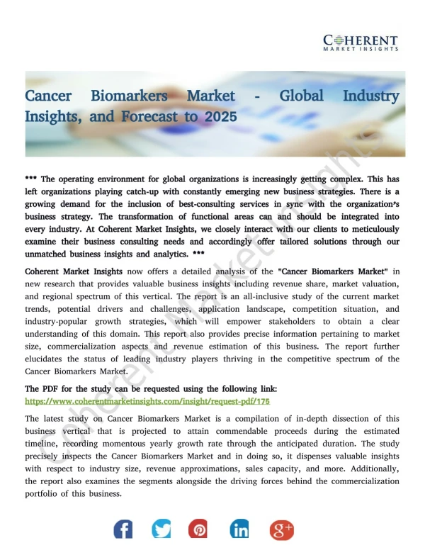 Cancer Biomarkers Market - Global Industry Insights, and Forecast to 2025