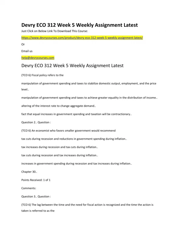 Devry ECO 312 Week 5 Weekly Assignment Latest
