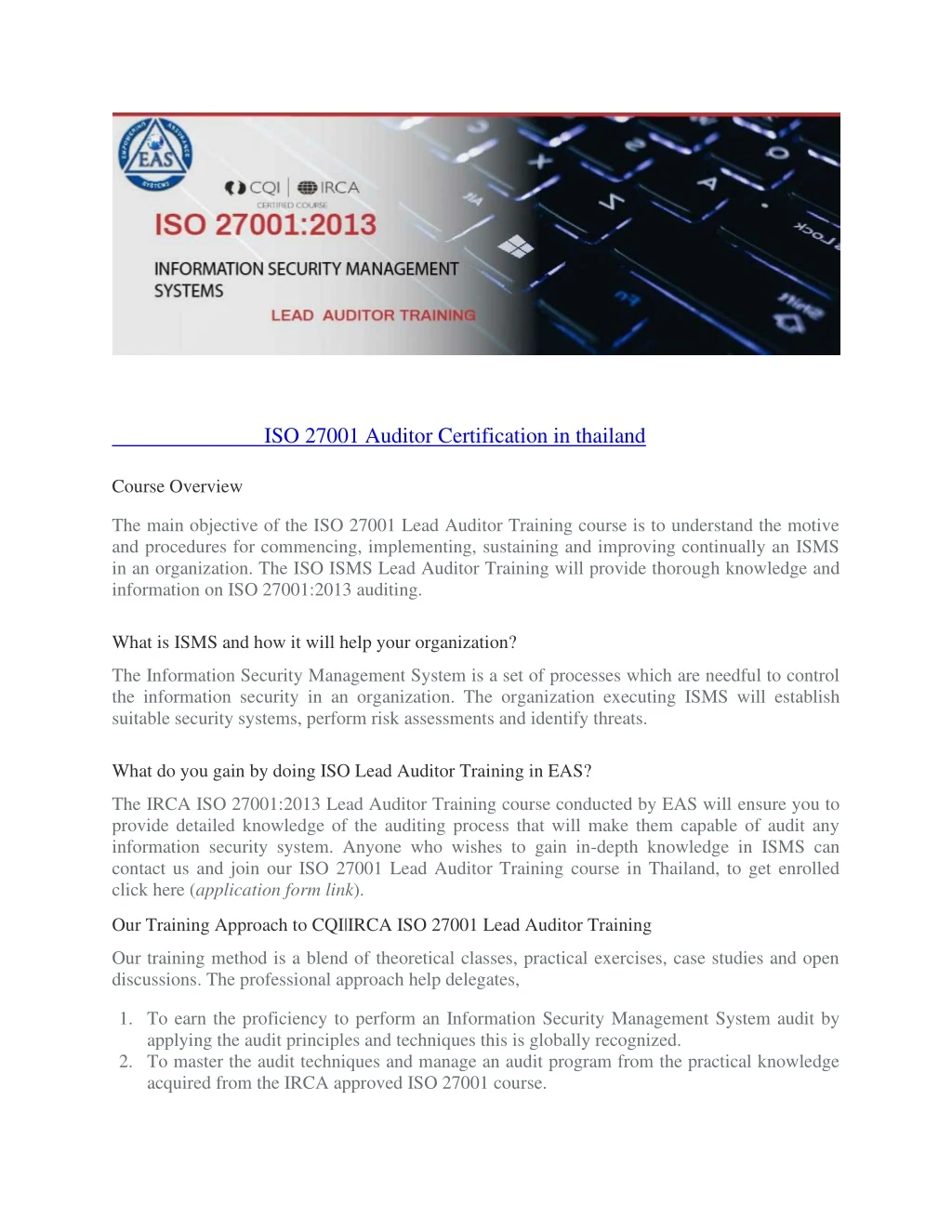 iso 27001 auditor certification in thailand