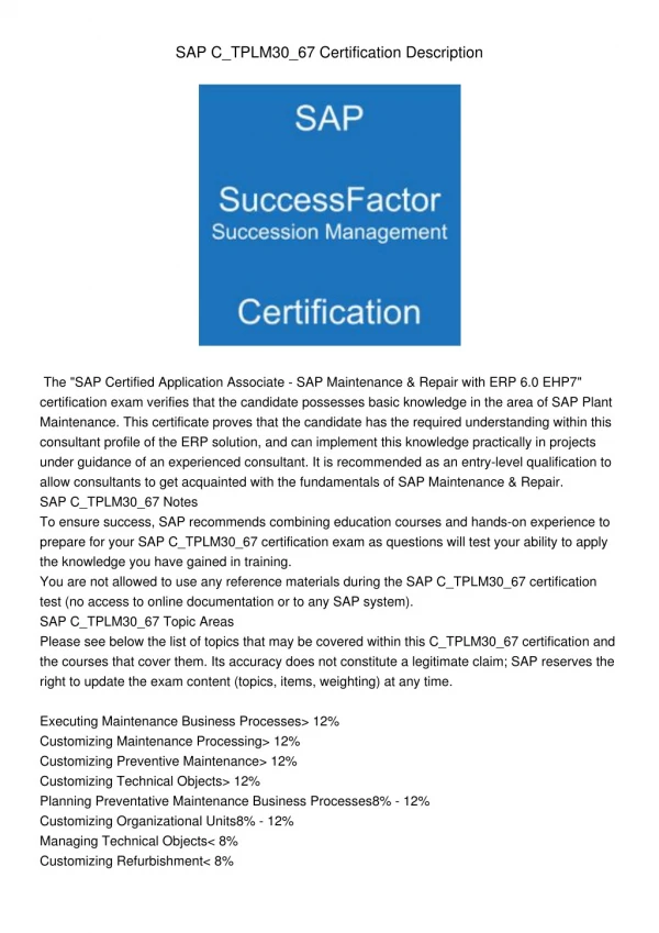 SAP C_TPLM30_67 Certification