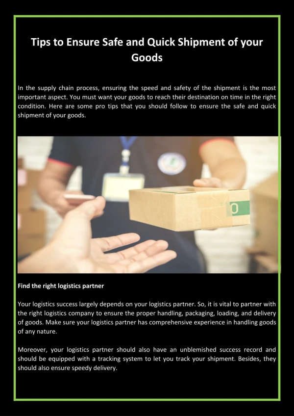 tips to ensure safe and quick shipment of your