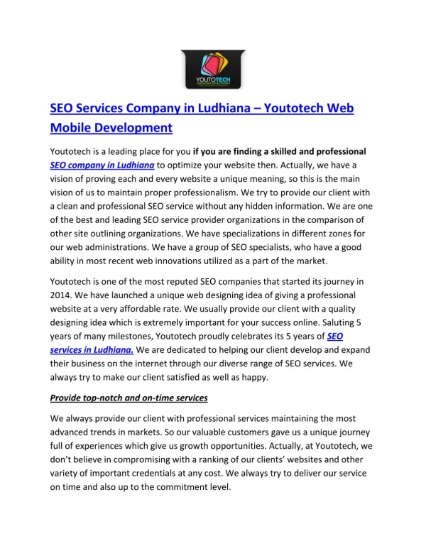 SEO Services Company in Ludhiana – Youtotech Web Mobile Development
