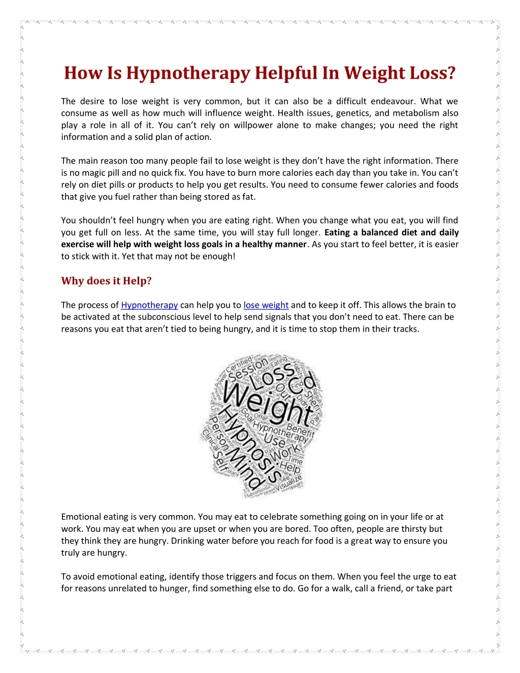 how is hypnotherapy helpful in weight loss