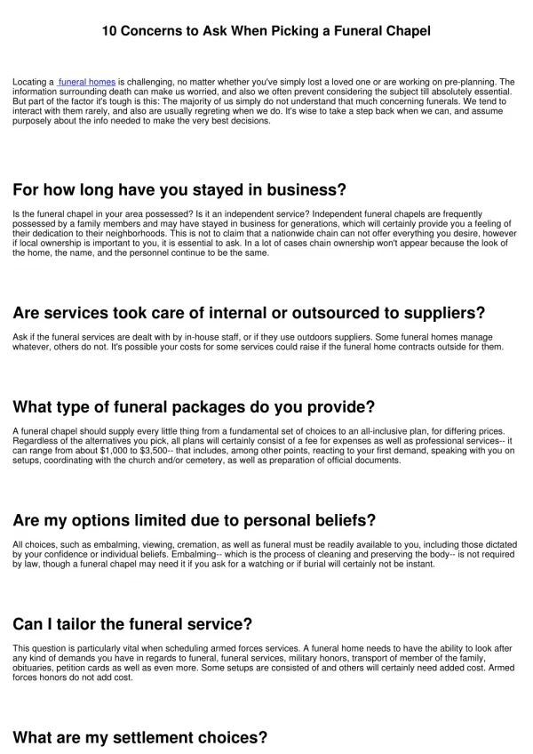 10 concerns to ask when picking a funeral chapel