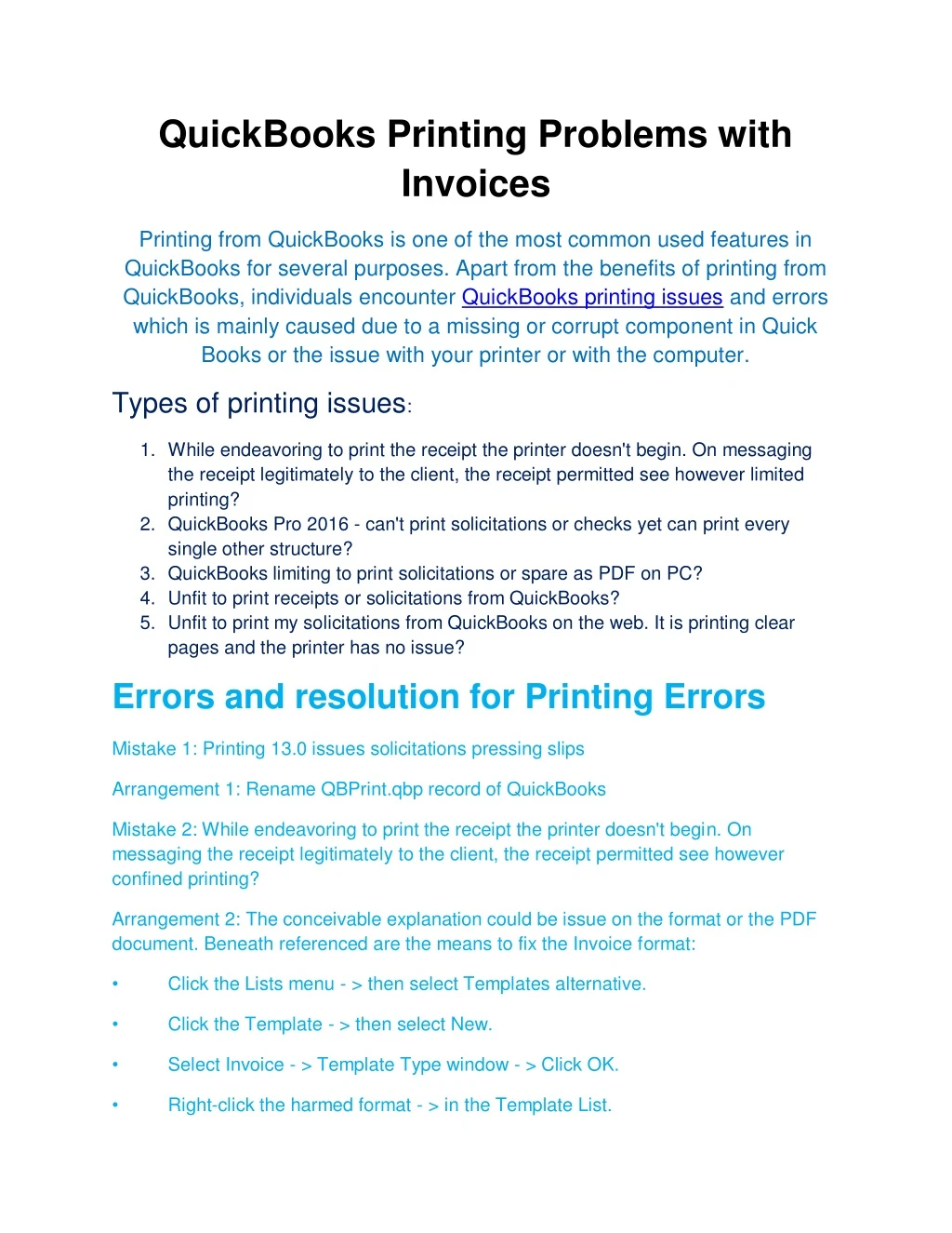 quickbooks printing problems with invoices