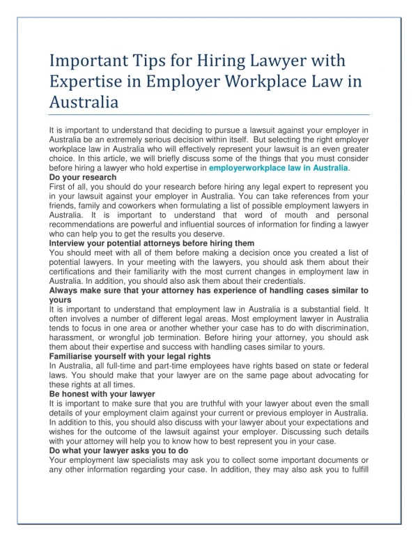 Important Tips for Hiring Lawyer with Expertise in Employer Workplace Law in Australia