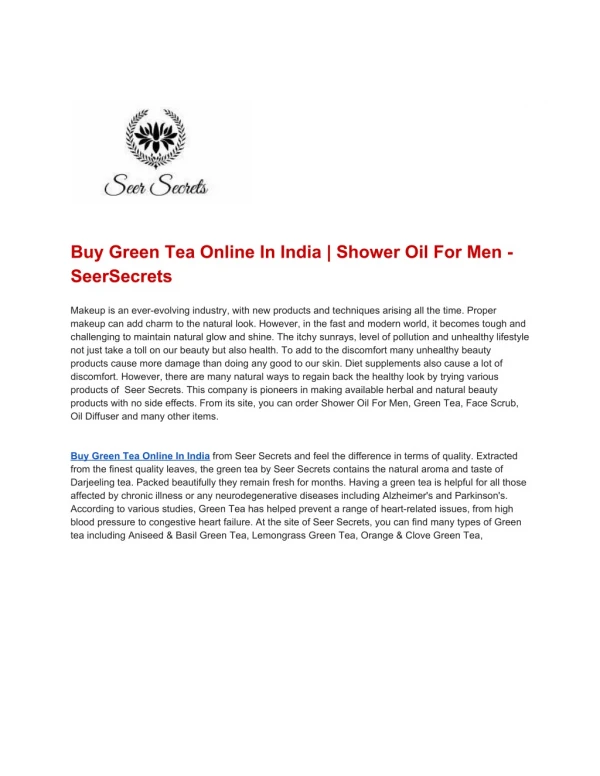 Buy Green Tea Online In India | Shower Oil For Men - SeerSecrets