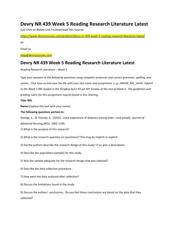 devry nr 439 week 5 reading research literature