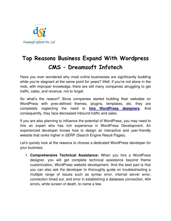 Top Reasons Business Expand With Wordpress CMS – Dreamsoft Infotech