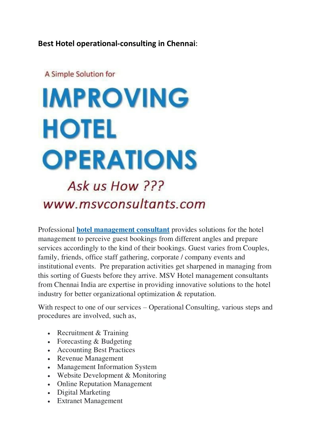 best hotel operational consulting in chennai