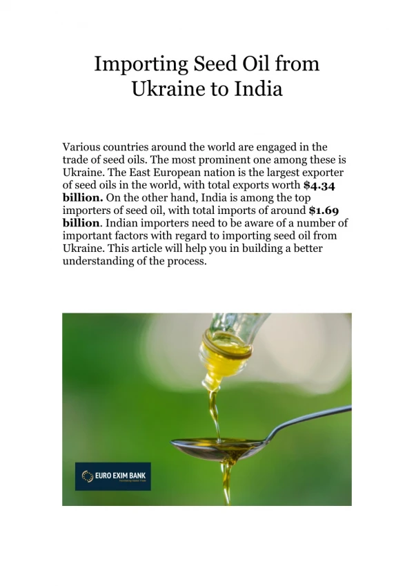 Importing Seed Oil from Ukraine to India - Euro Exim Bank