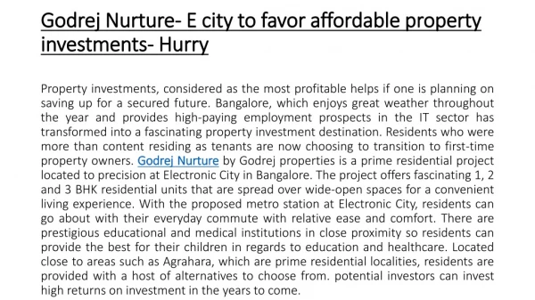 Godrej Nurture- E city to favor affordable property investments- Hurry
