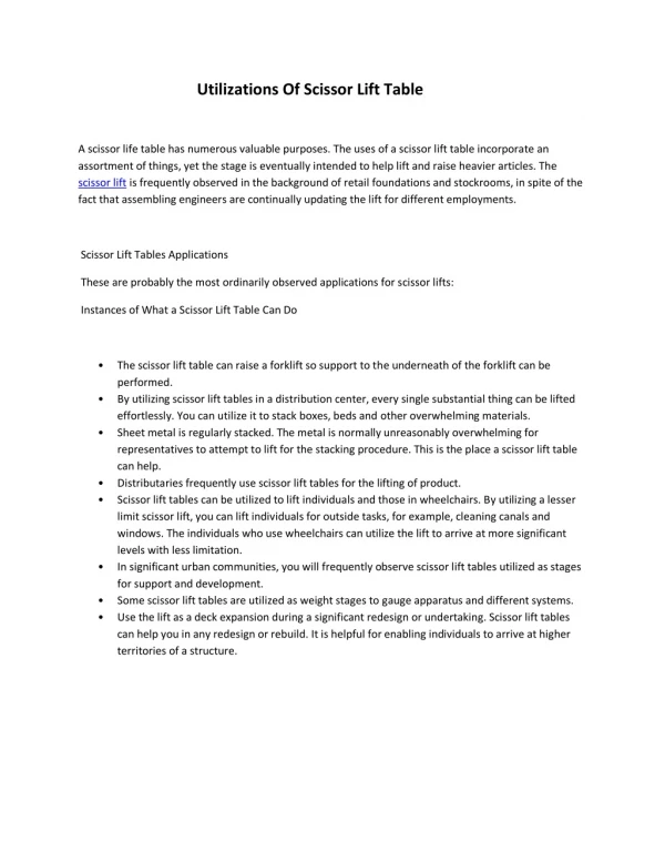 Utilizations Of Scissor Lift Table