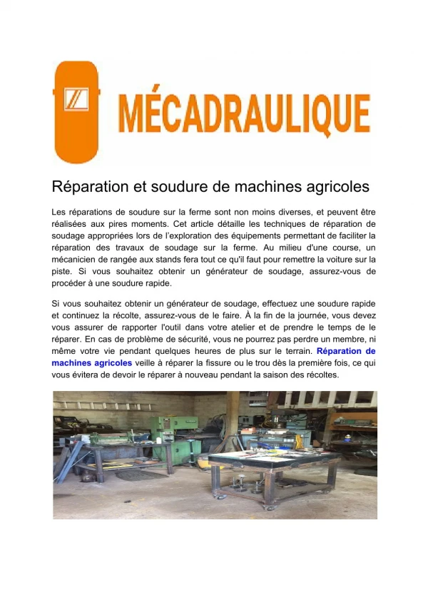 Réparation et soudure de machines agricoles