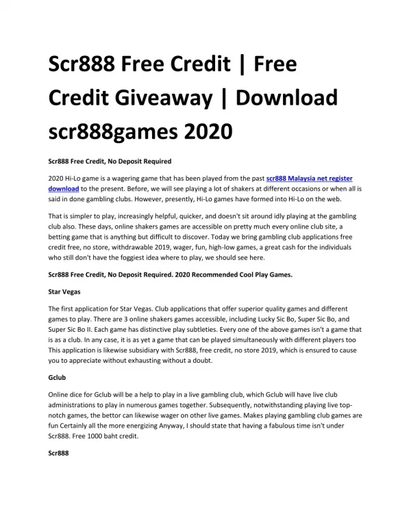 Scr888 Free Credit | Free Credit Giveaway | Download scr888games 2020