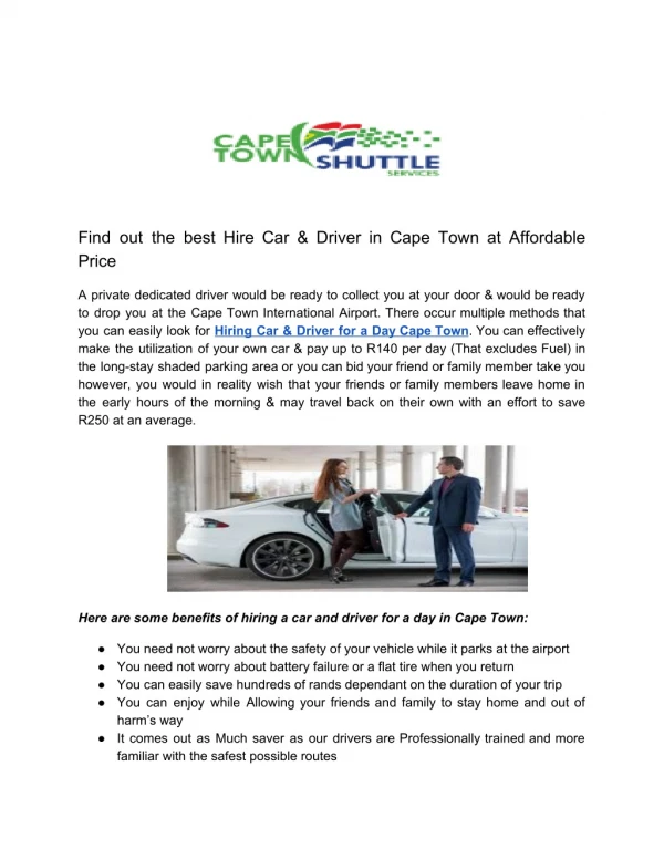 Find out the best Hire Car & Driver in Cape Town at Affordable Price