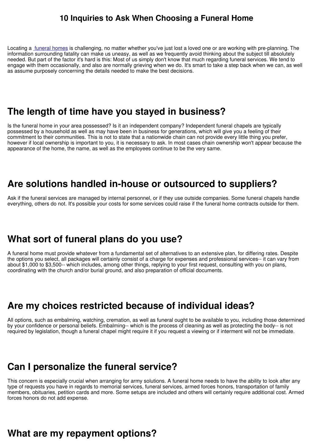 10 inquiries to ask when choosing a funeral home