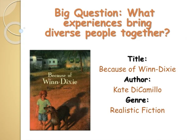 Title: Because of Winn-Dixie Author: Kate DiCamillo Genre: Realistic Fiction