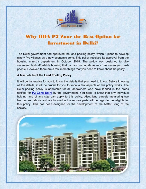 Why DDA P2 Zone the Best Option for Investment in Delhi?