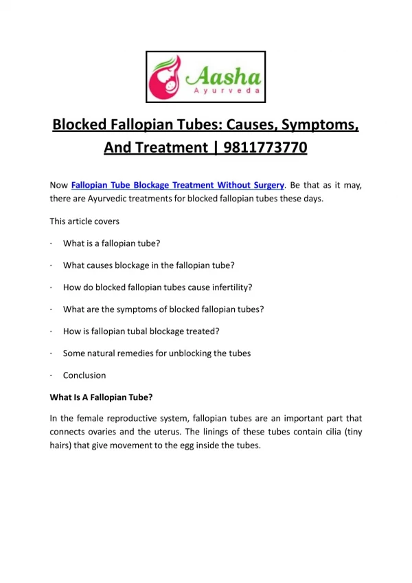 Blocked Fallopian Tubes: Causes, Symptoms, And Treatment | 9811773770