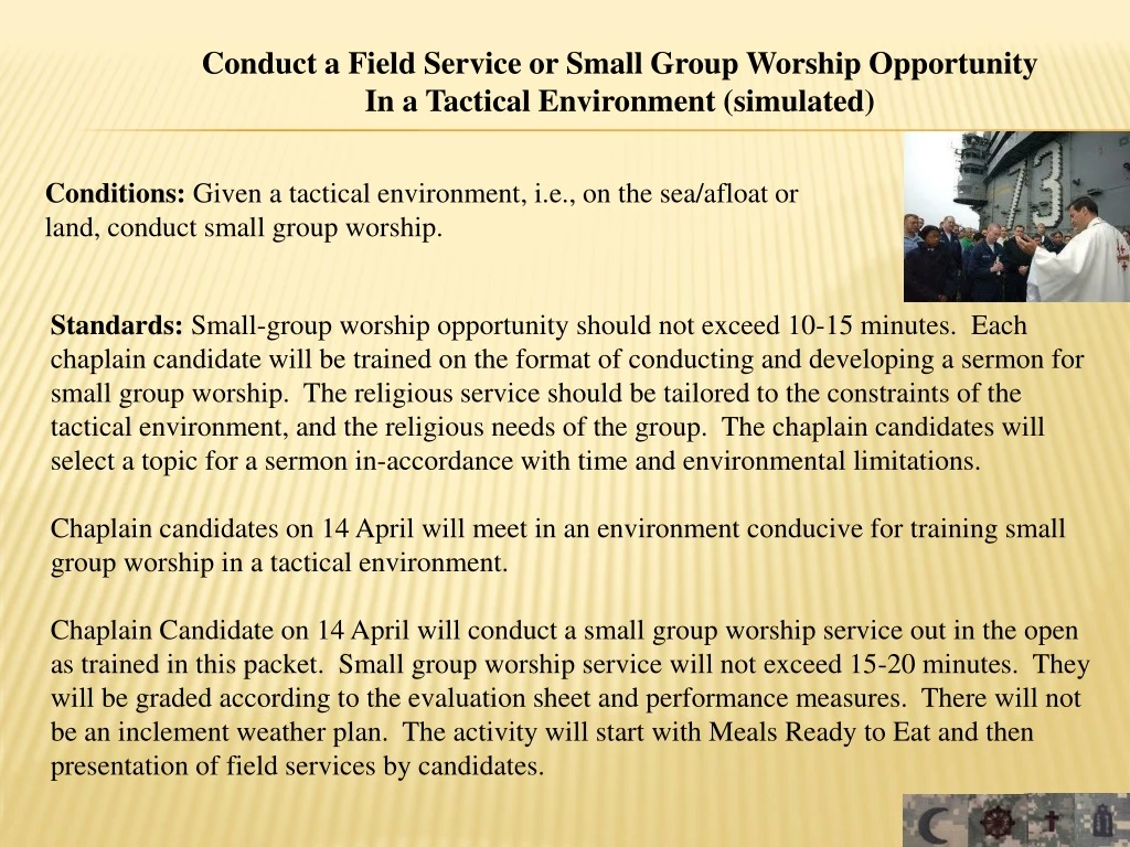 conduct a field service or small group worship