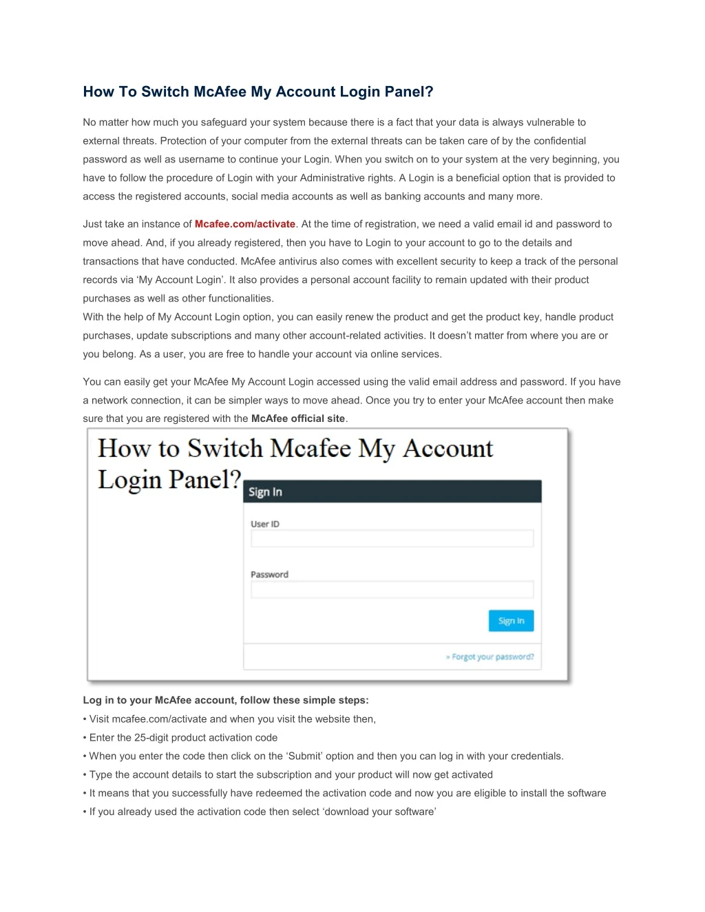 how to switch mcafee my account login panel