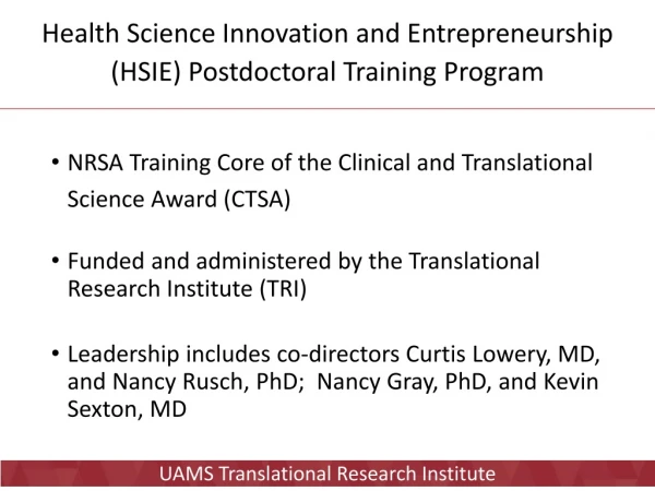 Health Science Innovation and Entrepreneurship (HSIE) Postdoctoral Training Program