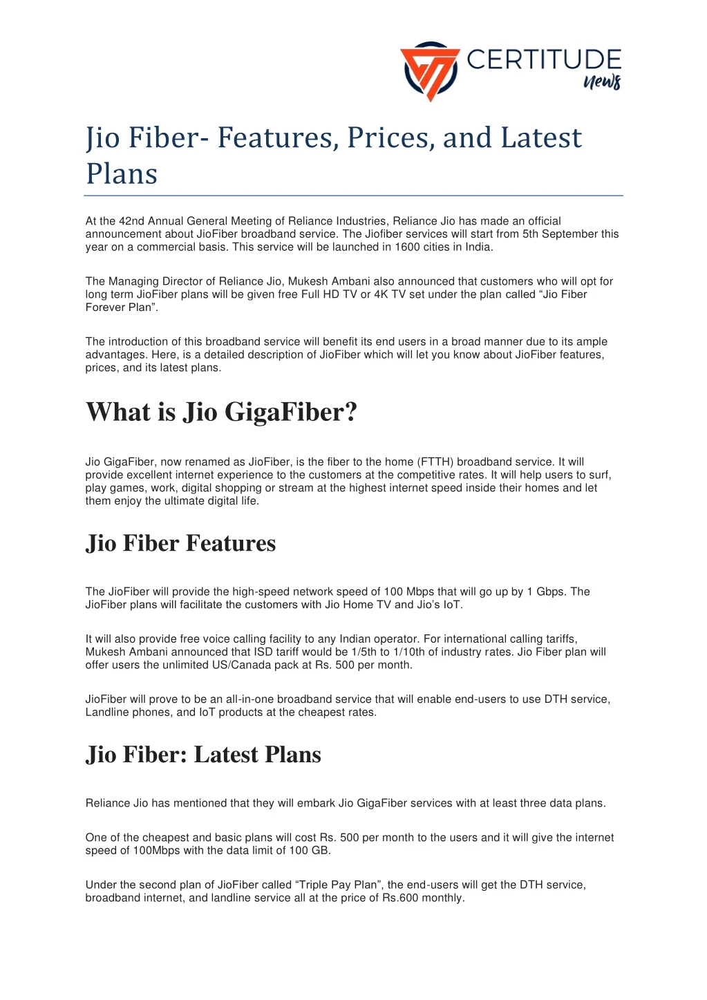 jio fiber features prices and latest plans