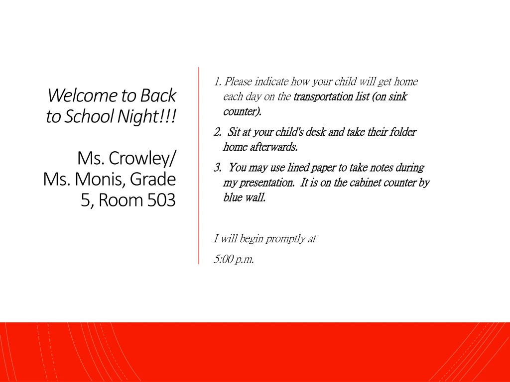 welcome to back to school night ms crowley ms monis grade 5 room 503