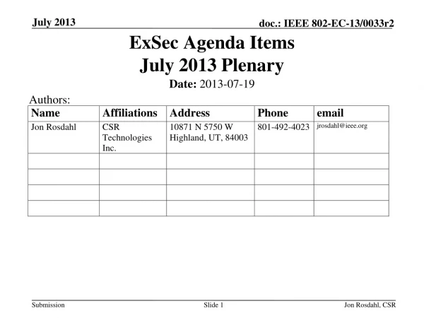 ExSec Agenda Items July 2013 Plenary