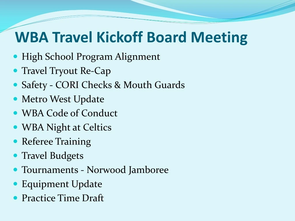 wba travel kickoff board meeting