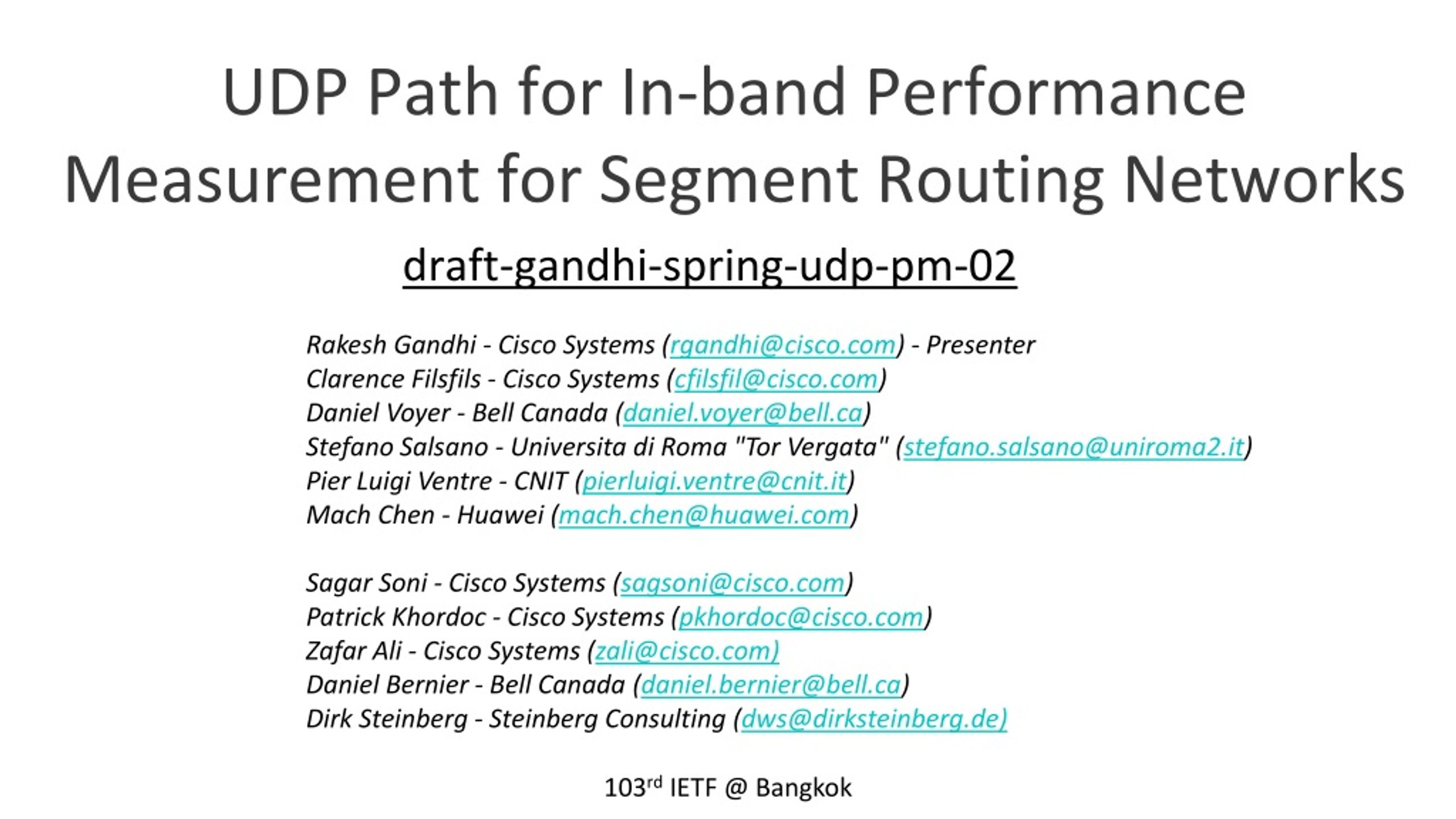 UDP Path for In-band Performance Measurement for Segment Routing Networks - slide 1
