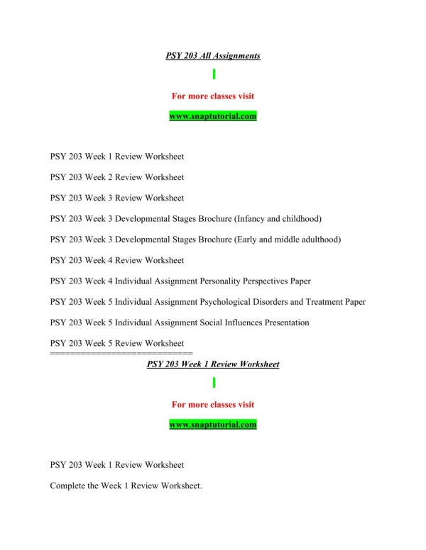 PSY 203 Success Begins / snaptutorial.com