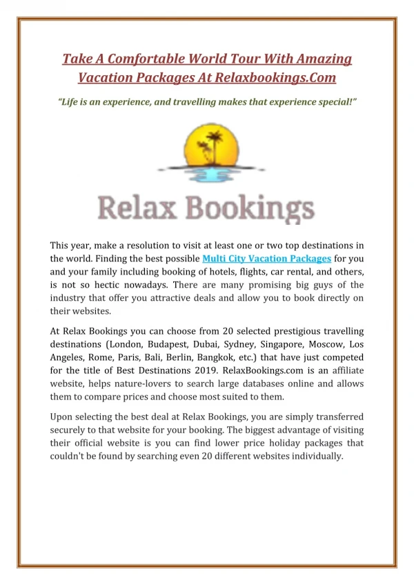 Take A Comfortable World Tour With Amazing Vacation Packages At Relaxbookings.Com