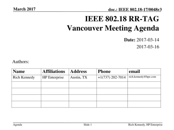 IEEE 802.18 RR-TAG Vancouver Meeting Agenda