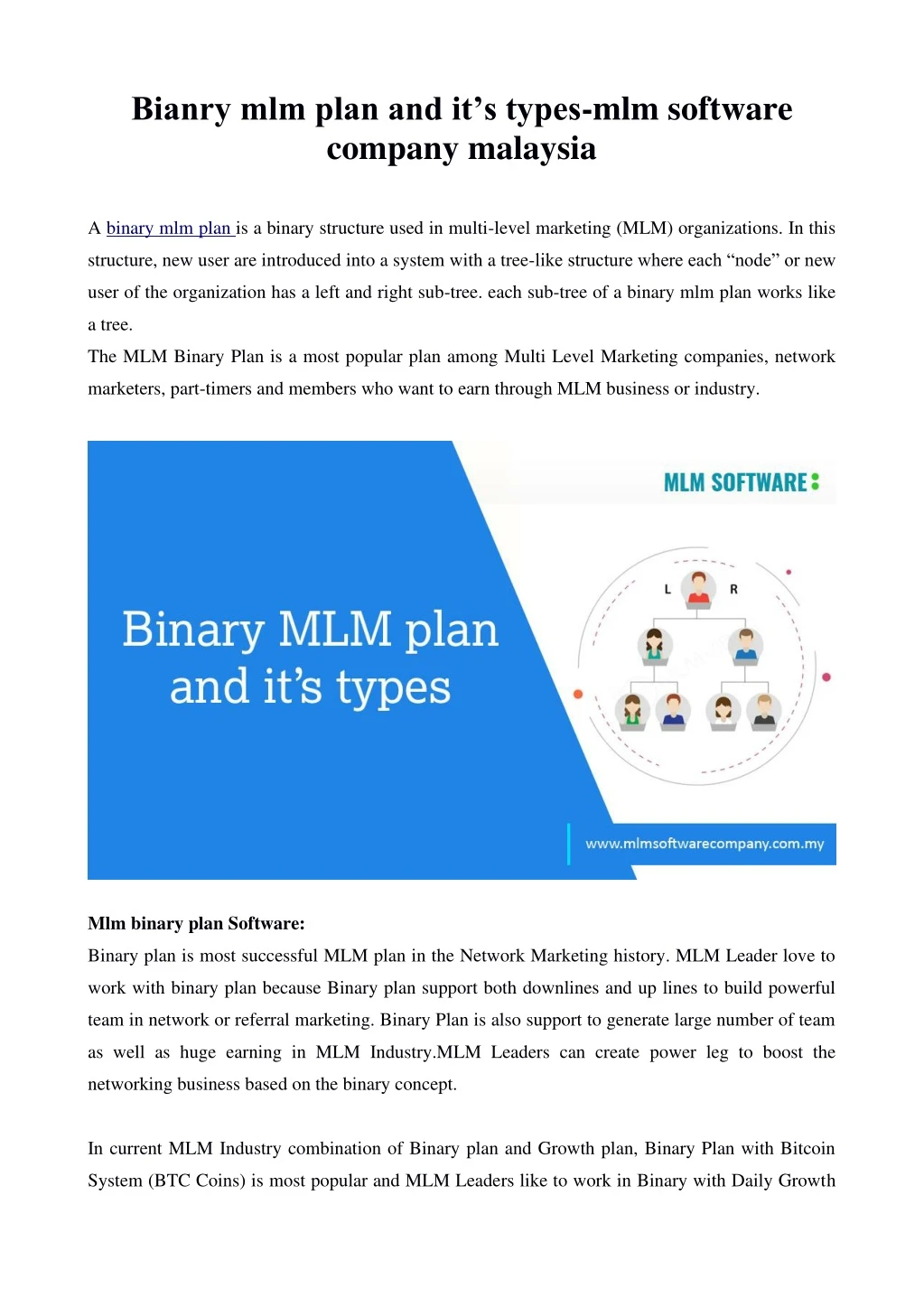 bianry mlm plan and it s types mlm software
