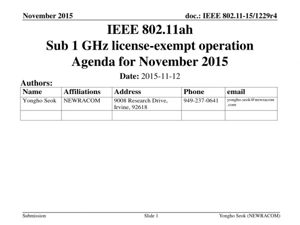 IEEE 802.11ah Sub 1 GHz license-exempt operation Agenda for November 2015