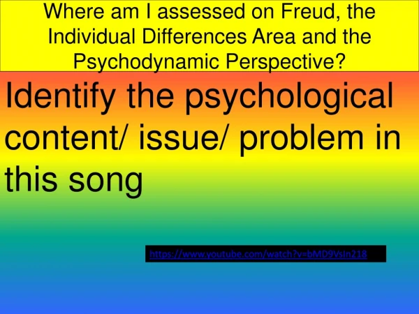 Where am I assessed on Freud, the Individual Differences Area and the Psychodynamic Perspective?