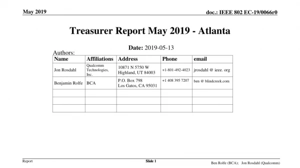 Treasurer Report May 2019 - Atlanta